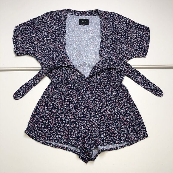 RAILS Tie Front Romper Floral Minka Wildflower Relaxed Blue Short Sleeves Small - Picture 5 of 8
